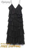 Yipinpay Black Long Dress Women Ruffle Backless Dress Woman Ruched Slip Midi Sexy Dresses Ladies 2023 Christmas Night Party Dresses