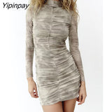 Yipinpay 2023 Women Pleated Tulle Print Dress Summer Elegant Turtleneck Party Sexy Long Sleeve Vestidos Fashion Back Zipper Dresses