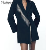Yipinpay Womens Autumn Suit Style Jumpsuit 2023 New Office Lady Shiny Tassels Outwear Long Sleeve Romper Short Suit