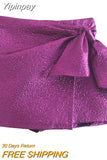 Yipinpay 2023 Purple Bow Skirt Shorts Woman Knot High Waist Skorts Sexy Fashion Shorts Women Y2k Streetwear Shiny Party Bottoms