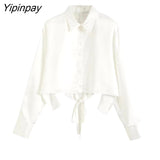 Yipinpay 2023 Summer Women Hollow Out Blouses Shirt 2023 Fashion Female Long Sleeve Short Tops Single Breasted Bow T-Shirts