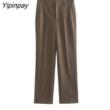 Yipinpay Women Office Outfits Blazer Suit 2023 Autumn Winter 2Pcs Single Button Notched Jacket+Zipper Long Trousers Basic Outwear