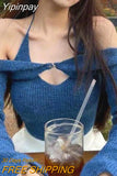 Yipinpay Halter Top Sueter Mujer Pullover Crop Y2k Spring Slash Neck Pullover Blue Sweaters Women's Clothing Off Shoulder Knitted