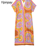 Yipinpay 2023 Summer Boho Long Silk Dress Women Print Long Shirt Style Dresses Elegant V-Neck Holiday Party Beach Dress Vestidos