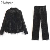 Yipinpay Spring Autumn Women Tassels Sequined Shirts Pant Sets 2023 Causal Single Breasted Top Elastic Waist Pants Outwear