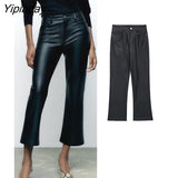 Yipinpay 2023 Autumn Winter Ladies Faux Leather Pants High Waist Pockets Pants Waterproof Fitness Zipper Flare Trousers Three Colors