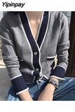 Yipinpay Cropped Cardigan Gilet Femme Manche Longue Black White v Neck Sueter Mujer Invierno 2023 Fall Harajuku Sweater Korean