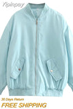 Yipinpay TRAF Fashion Oversized Bomber Jackets for Women 2023 Winter Casual Coats Female Chic with Pockets Long Sleeves Outerwear