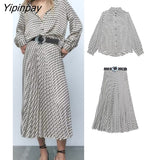 Yipinpay Elegant Geometric Print Skirt Sets 2023 Vintage Soft Long Sleeve Blouse Female Casual Folds Skirt With Belt Lady Suit