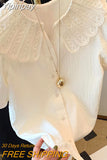 Yipinpay Short Sleeve Camisa Embroidery Floral Top Blusas Mujer White Lace Shirt Chic Blouse 2023 Shirts for Women Doll Collar