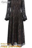 Yipinpay Jacquard Black A-Line Dress Women Lantern Sleeve Flowing Elegant Dresses Office Chic Long Dress Ruched Autumn 2023