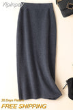 Yipinpay Winter Cashmere Knitted long skirts for women y2k fashion Mid-Length High Waist A-line Skirts Female Wool Bottoms 2023