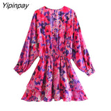 Yipinpay Summer Women Floral Printed Dresses 2023 Elegant V-neck Elastic Waist Mini Dress A-line Batwing Sleeve Party Vestidos