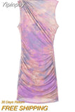 Yipinpay Print Tulle Short Dresses For Women Ruched Mesh Mini Dress Woman Beach Summer Dress Women 2023 Sleeveless Party Dresses