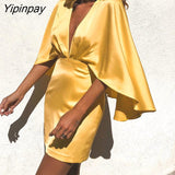 Yipinpay Women Soild Elegant Glamorous Deep V Neck Cape Mini Satin Bodycon Skirt Sets