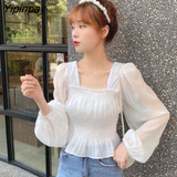 Yipinpay Square-neck Blouse Women New Design Puff Sleeve Chiffon Shirt Thin Tops Dropshipping