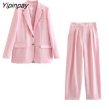 Yipinpay 2 Piece Set for Women 2023 New Fashion Long Sleeve Oversized Solid Suits High Waisted Baggy Wide Leg Suits Pants Set