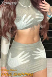 Yipinpay Palm Printed Mini Hip Skirts Suit Mesh Long Sleeve Cropped Pullover And Wrap Skirt Casual High Street Sexy Outfits