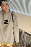 yipinpay New Grey Crew Baggy Sweatshirt Women Spring Autumn Fashion Letter Printing High Street Vintage Long Sleeves Pullover TOP
