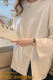 Yipinpay Loose Oversized T-shirt Female Long Sleeve Casual Vintage Split Tops Woman Spring Autumn BF Cotton Plain T Shirt Women