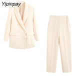 Yipinpay Newest Spring Autumn Women Blazer Jacket Pant Sets 2023 Office Double Breasted Suit Pockets Wide Leg Trousers