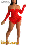 Yipinpay Women Sexy Sequined Hem Feather Bodysuits Spice Girls Off Shoulder Long Sleeve Skinny Playsuit 2023 Hot Club Party Dresswear