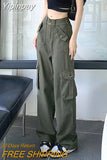 Yipinpay Women's Spring Summer Cargo Pants Elastic Waist Multiple Pockets Solid Vintage Fashion Tooling Style Straight Wide Leg Trouser