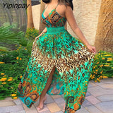Yipinpay Women Chic All Over Print Spaghetti Straps Hollow Out Leopard Pattern Sleeveless High Silt Maxi Sexy Dress