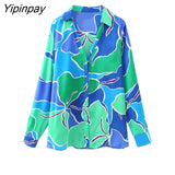 Yipinpay Summer Women Fashion Print Blouses Shirt 2023 New Causal Turn-Down Collar Tops Vintage Single Breasted Loose T-Shirts