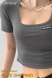 Yipinpay Square Neck Tops Women Summer Tight Short Sleeve Tees Solid Color Cropped Top Female 2023 New