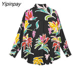 Yipinpay Fashion Women Floral Print Blouses 2023 Casual Turn Down Collar Loose Tops Vintage Single Breasted Long Sleeve T-Shirts