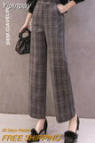 Yipinpay Classic Plaid Tweed Pants Women Vintage Wool Straight Elastic Waist Trousers Fashion Casual Fall Office Lady Pants