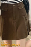Yipinpay Brown Denim Skirt Women Vintage Cute Korean Style High Waist Pocket A-line Pleated Mini Skirt for Girls Preppy Casual