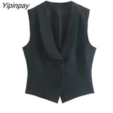 Yipinpay Women Solid Blazer Vest Skirts Sets 2023 Female Elegant Single Breasted Jackets Mid-Calf Pockets Skirt Sleeveless Tops