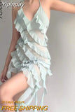 Yipinpay Women Sexy Pleated Ruffles Halter Suspenders Dress Fashion V-Neck See Through Midi Swimwear 2023 Summer Slim Party Vestidos