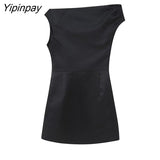 Yipinpay Women Sexy Asymmetrical Dresses 2023 Summer Solid Party Mini Dress Diagonal Collar Vestidos Folds One-Shoulder Dress