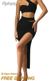 Yipinpay Women Sexy Two-piece Clothes Skirt Sets Summer Solid Color One-shoulder Vest and Slit Skirt Women's Suits Club Wear