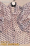 Yipinpay Puff Sleeve Black Polka Dot Shirt Women Vintage Blusa Bow Lace Up Lantern Sleeve Transparent Shirt New Blouse Top 2023