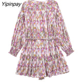 Yipinpay Fashion Women Floral Printed Mini Dresses With Belt 2023 Summer V-neck A-line Dresses Sweet Long Sleeve Causal Vestidos