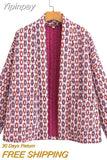 Yipinpay TRAF Ethnic Style Print Quilted Coats for Women 2023 Autumn Winter Vintage Jackets Coat Female Long Sleeve Warm Outerwear