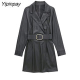 Yipinpay 2023 Women Notched PU Leather Mini Dress Autumn Winter Fashion Office Lady Long Sleeve Blazer Style Elegant Vestidos