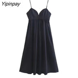Yipinpay Women Fashion Pleated Poplin Midi Dress Vintage Backless Elastic Side Zipper Thin Solid Female Dresses Vestidos