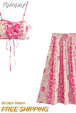 Yipinpay Print Long Skirts For Women Fashion 2023 Pink Floral Skirt Woman Fashion High Waist Midi Skirt Sets Pleated Summer Skirts