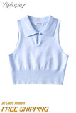 Yipinpay Women Knit Vest Crop Tops Sleeveless Turn-down Collar Hollowed Solid Slim Fit Summer Club Party Tanks Streetwear