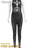 Yipinpay Women Sleeveless Mesh See Through Slim Jumpsuit Sexy Diamond Embellished Glitter Party One Piece Rompers 2023 Summer Night Club