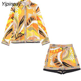 Yipinpay 2023 Summer Women 2PCS Print Blouses+Skirts Set New Turn Down Collar Long Sleeve Tops High Waist Dress Girl Outfits