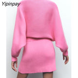 Yipinpay Elegant Pink 2 Piece Knitted Sweater Skirt Set 2023 Vintage Soft Turtleneck Batwing Sleeve Female Casual Skirt Lady Suit