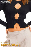 Yipinpay Women Cutout Knitted Sweaters Fall Winter Casual Solid Color Long Sleeve Round Neck Hollowed Cropped Jumpers Tops