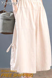 Yipinpay Summer Cotton Linen Oversized Loose Women's Pants Bloomers Wide-leg Pants Flares Elastic Waist Ladies Cropped Skirt Pants