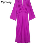 Yipinpay Elegant Women Solid Mid-Calf Dresses 2023 New Summer Fashion Deep V-neck A-line Long Sleeve Vestidos